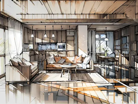 a sketch of a beautiful modern living room, (((foster and partners, artists impression, artistic impression, by Hamish MacDonald, by Carey Morris, by David Brewster, higher detailed illustration, by Helen Berman, an illustration, detailed illustration, by ...