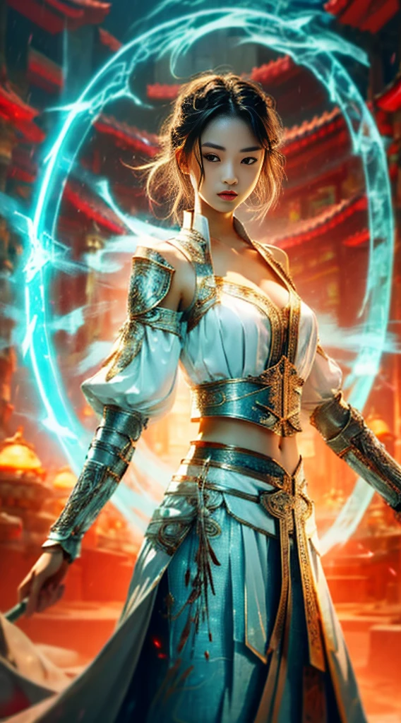 weapon, cleavage, (magic circle: 1.1), xiuxian, 8k, complex, elegant, highly detailed, majestic, digital photography, denim lens, surrealist painting, broken glass, beating magic, winding lightning magic, (masterpiece, side light, fine beautiful eyes: 1.2), HDR, void 5 energy lightning storm, (Chinese girl, black eyes: 1.5), pale skin, glowing skin, delicate face, Black hair, wearing palatial blue armor, bare shoulders, navel, short skirt, exquisite blue armor, raining, beautiful, looking at the audience, facing the camera, masterpiece, upper body,