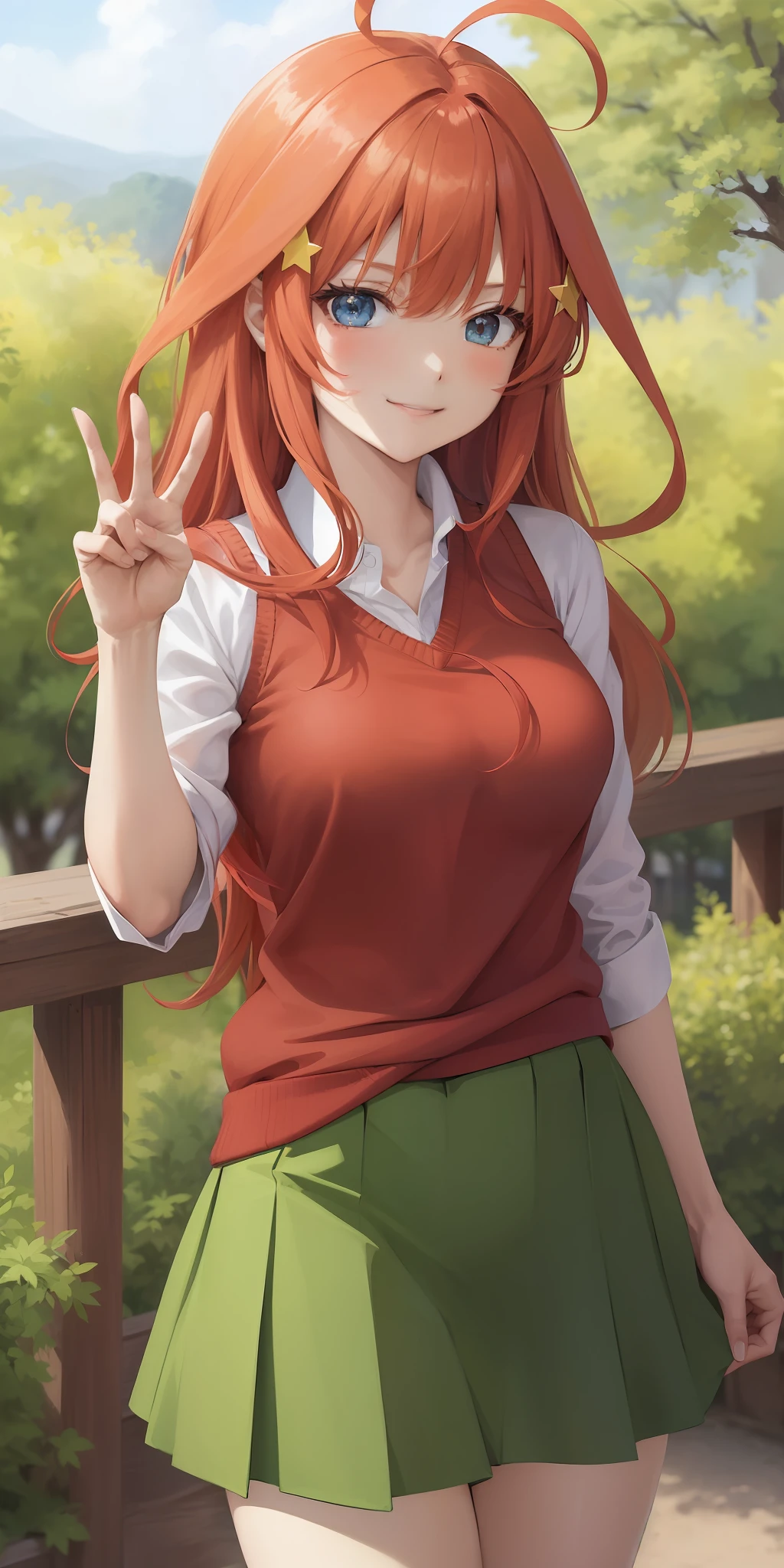 2d, masterpiece, best quality, anime, highly detailed, 1girl, solo, cowboy shot, nakano itsuki, red hair, long hair, star hair ornament, ahoge, red sweater, collared shirt, green skirt, miniskirt, medium breasts, standing, school, outdoors, smile, blue eyes