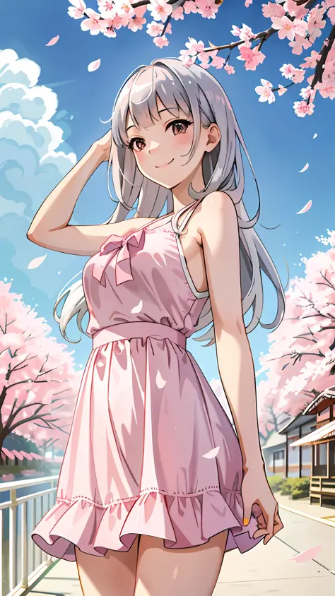 Unreal,

1 girl, silver bangs, pink and white dress sweat, smile, outdoors, cherry blossoms, blue sky and white clouds, sun, woo...