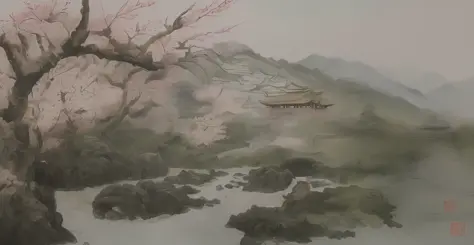 Chinese landscape painting, ink, garden, peach blossom