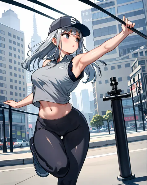 Unreal,

1 girl, silver bangs, yoga pants, sports vest, baseball cap, city street, detailed background