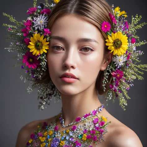 close up photograph of a female's hair full of colorful flowers,  ((hyperrealistic)), highly detailed, sharp focus, 8K, ultra qu...