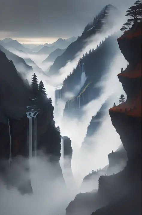 Masterpiece, best quality, Chinese martial arts style, Asian scene, Asian waterfall, ink painting style, wide sky, continuous mountains and steep cliffs, ink style, contour light, atmospheric atmosphere, depth of field, mist rising, bamboo, pine trees, wat...