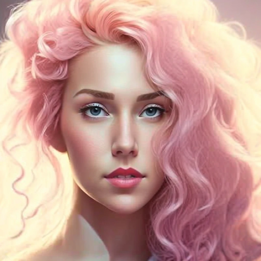 White European woman with voluminous pink curly hair. Wearing puffy sleeves