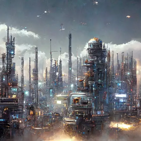 a dystopian sci-fi city with vehicles