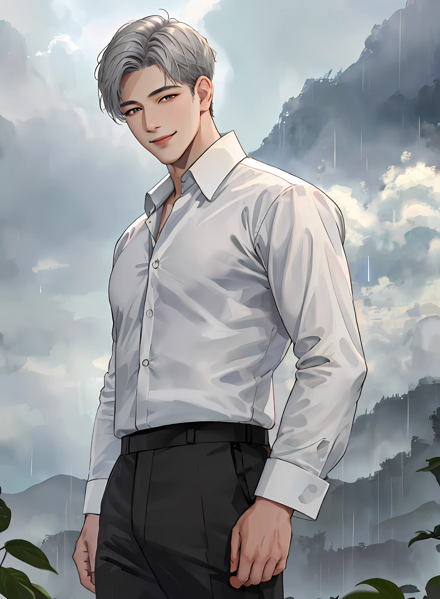 masterpiece, best quality, realistic, 1man, male focus, tall, handsome, smile, closed mouth, white shirt and black pants, portrait, extremely detailed face, monsoon season,korean face, idol face, sharp eyeline, short gray hair, dramatic lightning, foggy background with mapel leaves,