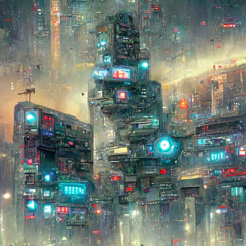 battle robots patrol a a dystopian sci-fi city street