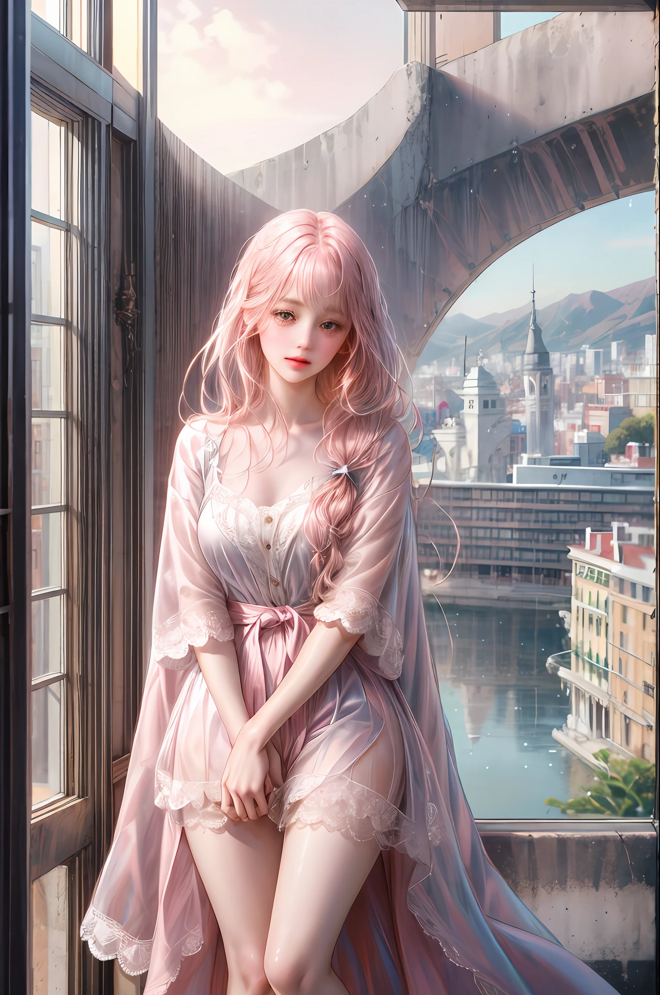 1girl, A company employee, medium pink hair with wavy fringe and brown eyes, tall, thin, tender, pure look of the 21st century behind her is a window showing various buildings in the city