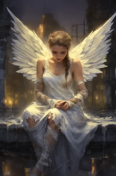 a woman with angel wings, in a white dirty torn dress with bandages on her arms and legs, sitting on a ledge, sitting against the background of yellow and blue lights, rain, muted colors, bokeh ((masterpiece, best quality)), high detail, detailed face, blo...
