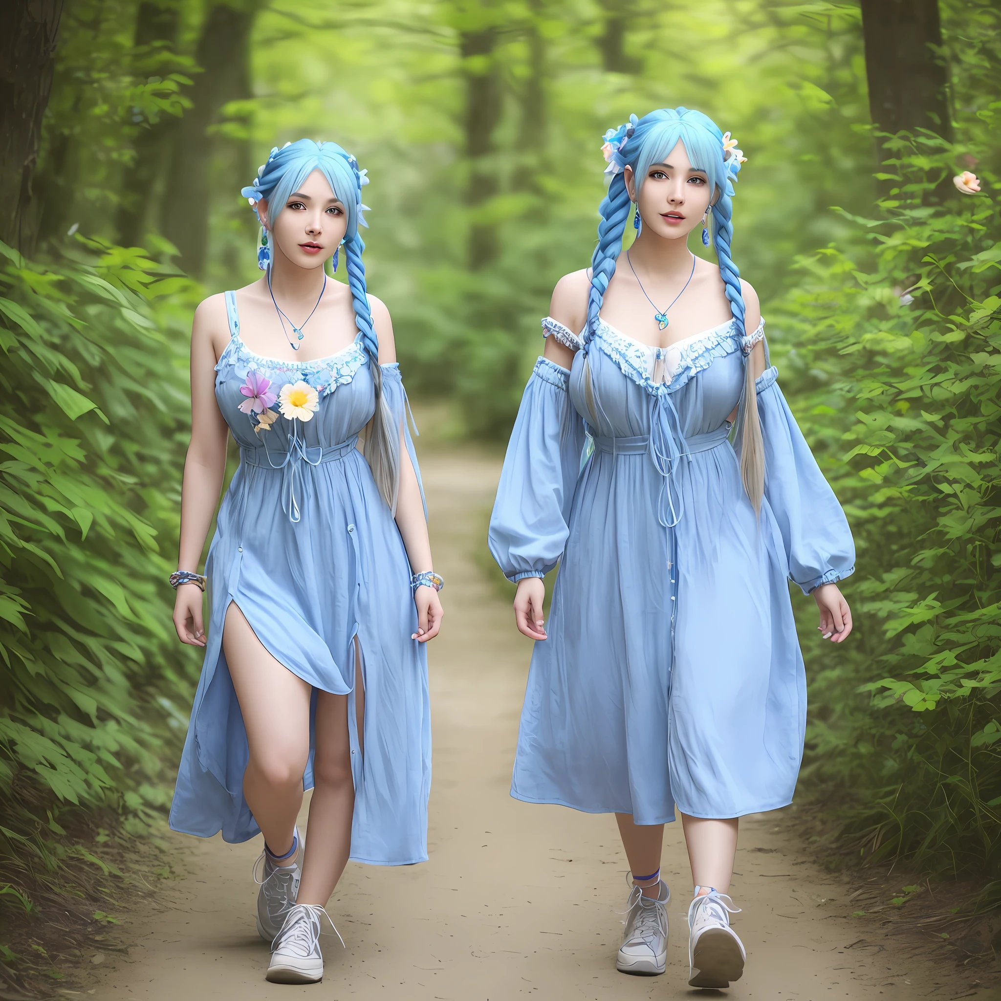 a close up of a 1woman with blue hair and a flower in her hair, beautiful girl, walking down a path, full body shot, light waer, transperent clothes, braided hair, long braids, big earrings, a shy girl, 4 k, realistic, beautiful woman, full body shot, sexy, trending beauty, very beautiful girl
