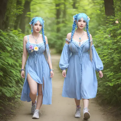 a close up of a 1woman with blue hair and a flower in her hair, beautiful girl, walking down a path, full body shot, light waer,...
