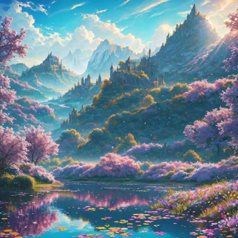 artstation style illustration, dark fantasy landscape,  flower petals, lake, hedge in background, reflections, ruins, best quali...