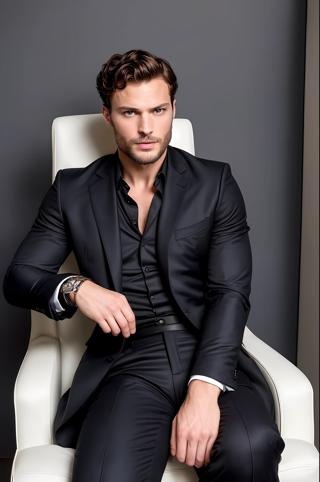 ((half body)) Photo RAW Ceo man sitting in an office chair, wearing black suit, (Using dark beard) movie scene, (Impeccable) ,Serious and elegant man, Actor Jamie Dornan, with thick male eyebrows, secret agent 007 man style, (with mysterious and serious face,) short dark hair, dark black background image,elegant and elegant, Man similar to actor Jamie Dornan,  ( high quality and realistic image), ((Best Quality, 8k, Masterpiece).