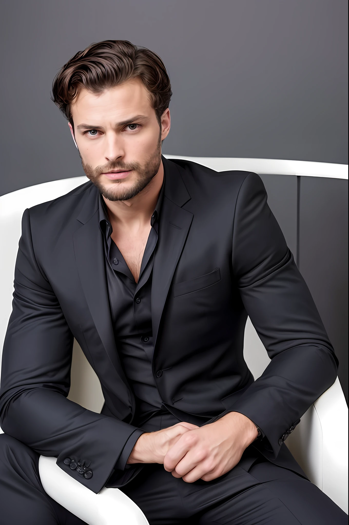 ((half body)) RAW Photo Ceo man sitting in an office chair, wearing black suit, (Using dark and attractive beard) movie scene, (Impeccable) ,Serious and elegant man, Actor Jamie Dornan, with thick male eyebrows, secret agent 007 man style, (with mysterious and serious face,) short dark hair, dark black background image,elegant and elegant, Man similar to actor Jamie Dornan,  ( high quality and realistic image), ((Best Quality, 8k, Masterpiece).
