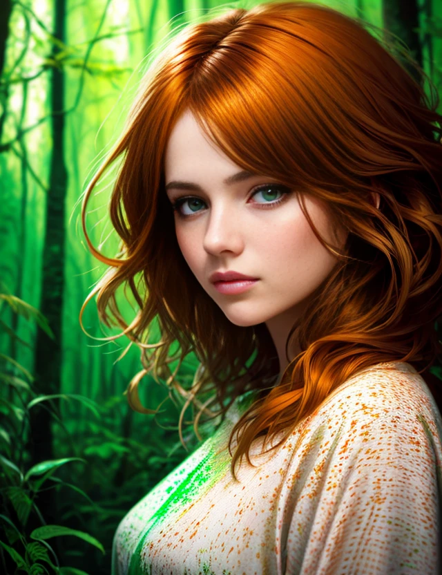 orange glow, soft lighting, portrait of a woman, overgrowth forest, soft lighting, messy ombre hairstyle, green eyes, artistic, painting, concept art, messy hairsoft lighting, full body portrait, Brunette, cute, Soft lighting, segmented clothing, Centered, Illustration, sharp focus, floating pieces, by greg rutkowski and artgerm