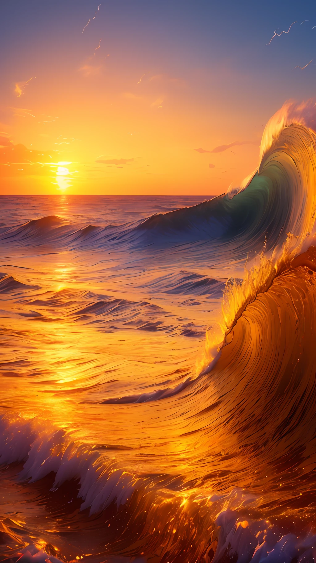 Masterpiece, best quality, (8k very detailed CG unit wallpaper) (best quality), (best illustration), (best shadows) a golden sea wave, bright orange aol sunset through the wave, golden droplets flying, (:1.6)