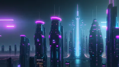 A big futurist city in cyberpunk style, neon, ultra wide view