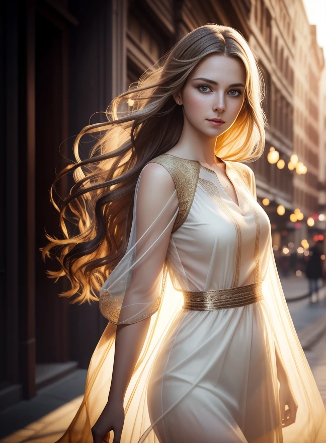 portrait photography, beautiful young woman with transparent western tunic dress, eyes visible through hair, proper eye position, natural skin, backlight, cinematic light, rim light, soft light , hips, in night time, city side background, detailed color graded background, intricate , highly detail, octane render, HD, 8k, by Annie Leibovitz