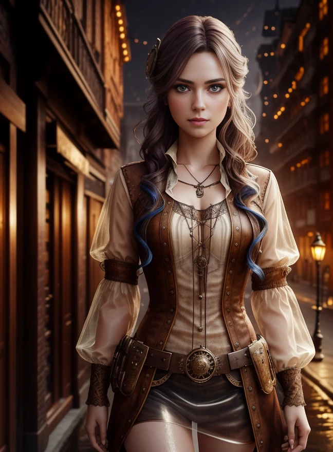 portrait photography, beautiful young steampunk woman with transparent western tunic dress, soaked, eyes visible through hair, colored inner hair, proper eye position, natural skin, backlight, cinematic light, rim light, soft light , hips, in night time, city side background, detailed color graded background, intricate , highly detail, octane render, HD, 8k,