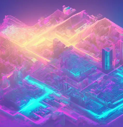 dskise, (isometric), (flower), (vapor wave), isometric cut of crystallized ruined city, cityscape, volumetric lighting, FXAA, ch...