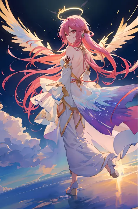backgraound clear sky, above full body anime art of jibril Flügel from no game no life, looking at camera, halo of light floating above his head, wings spread on his back, face detailed, halo and wings detaialed, detailed art, soft colors, natural light, s...