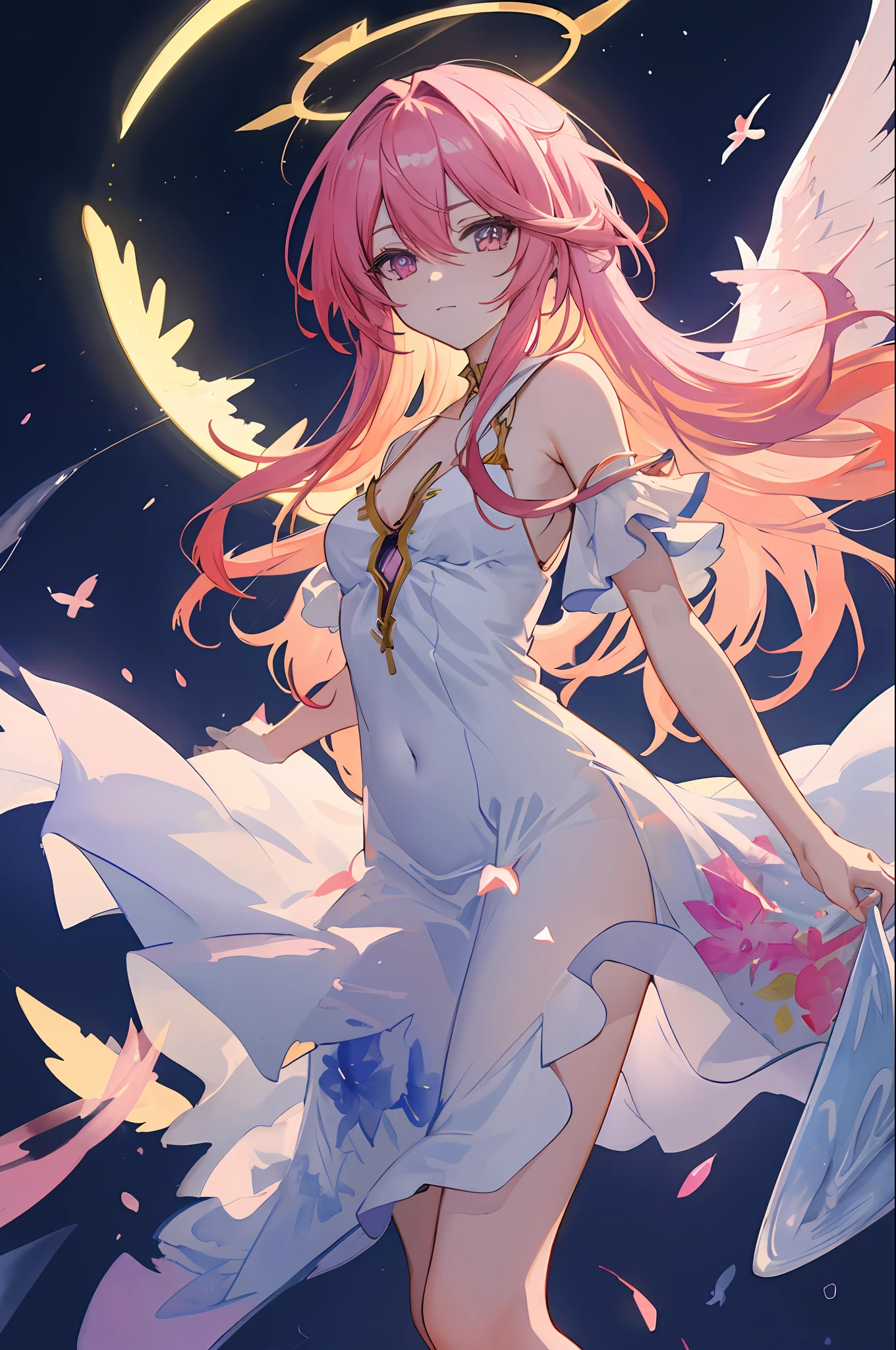 backgraound clear sky, shot front full body anime art of jibril Flügel from no game no life, wear cut out dress, (((looking at camera)), halo of light floating above his head, wings spread, face detailed, halo and wings detaialed, detailed art, soft colors, natural light, seen from front, uhd, highly detailed, centered, watercolor