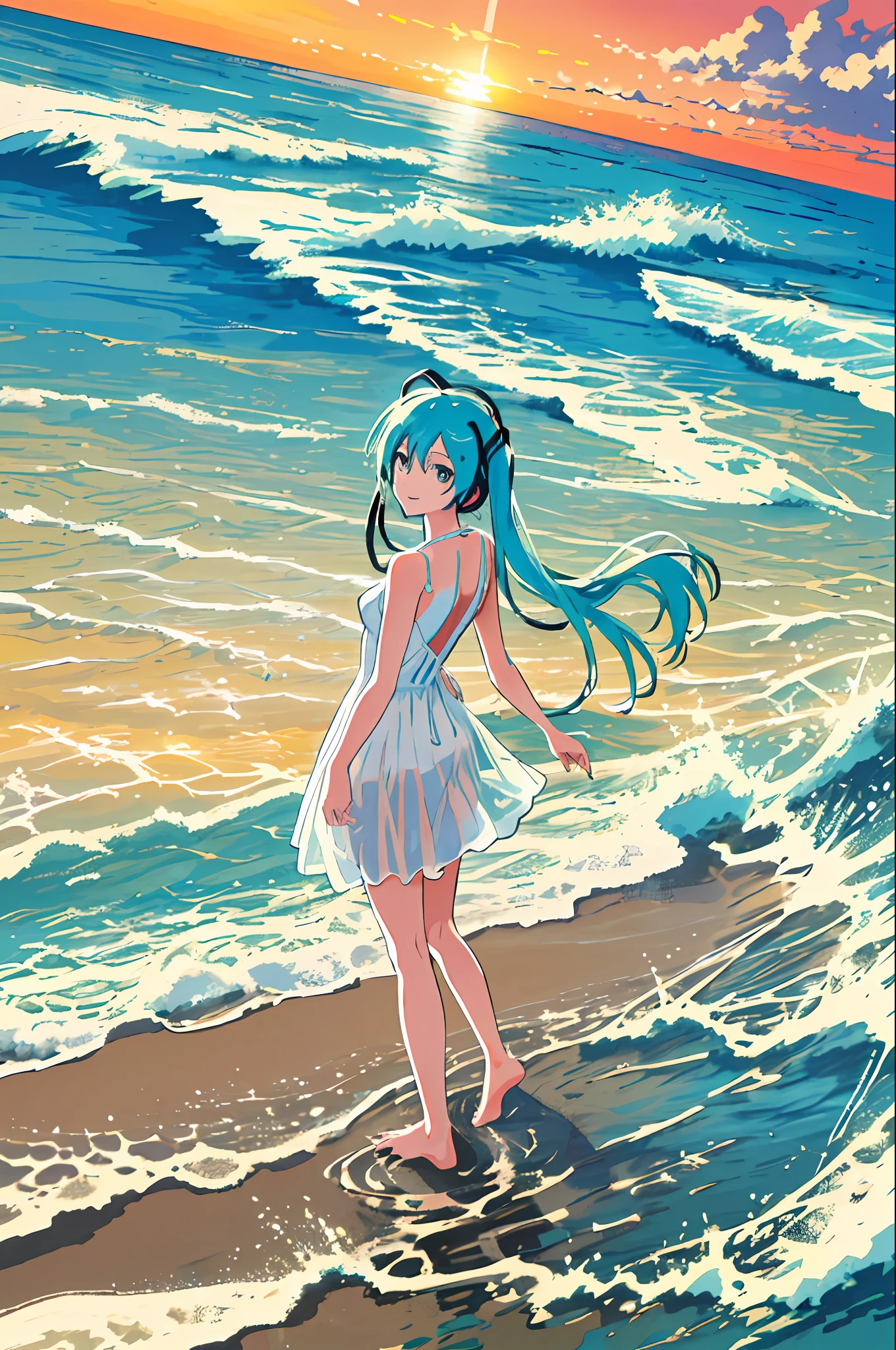 obra maestra, mejor calidad, 1 chica, mejor calidad, resolución ultraalta, 1 chica, Hatsune Miku, cuerpo completo, escenario, sonrisa, océano, atardecer, ciudad, descalzo, huellas, arena, vestido blanco, desde atrás, mirando al espectador, Mirando hacia atrás, silueta, vadeando, parado sobre liquido