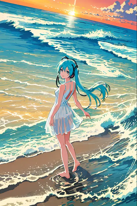 masterpiece, best quality, 1girl, best quality, ultra high res, 1girl, hatsune miku, full body, scenery, smile, ocean, sunset, c...