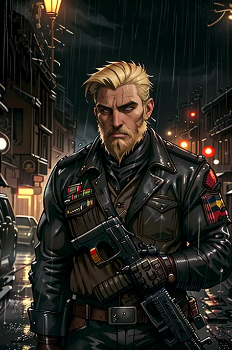 Blond guerrilla with worn black uniform, uses rifle, beard, ruined background, realistic, stylish, rutkowski, hdr, intricate det...