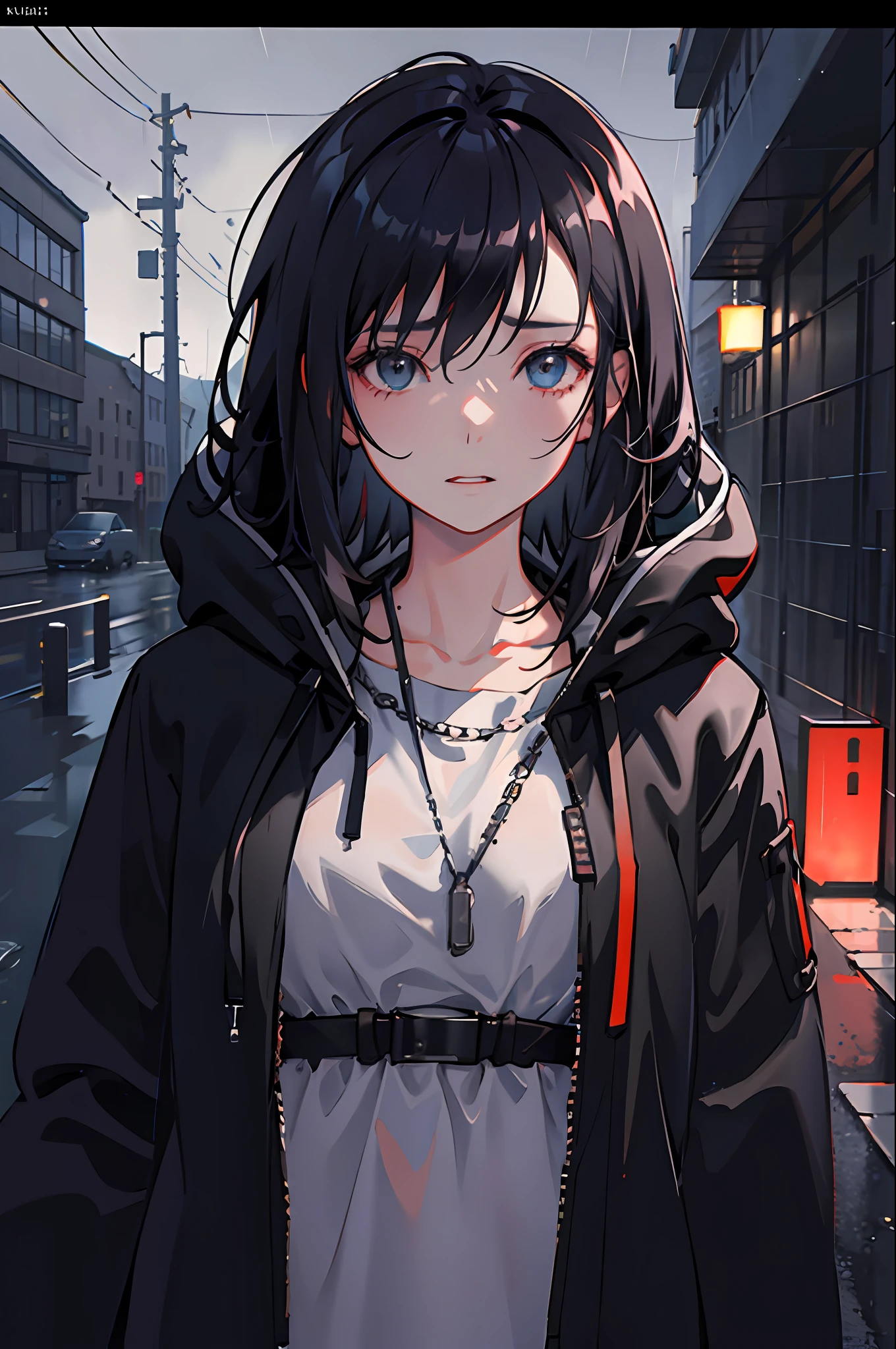 1girl, jacket, rain, outdoor, hoodie, open jacket, chain, backpack, looking at another, messy hair, trending on artstation, 8k resolution, highly detailed, anatomically correct, sharp image, digital painting, concept art, trending on pixiv, style of makoto shinkai,