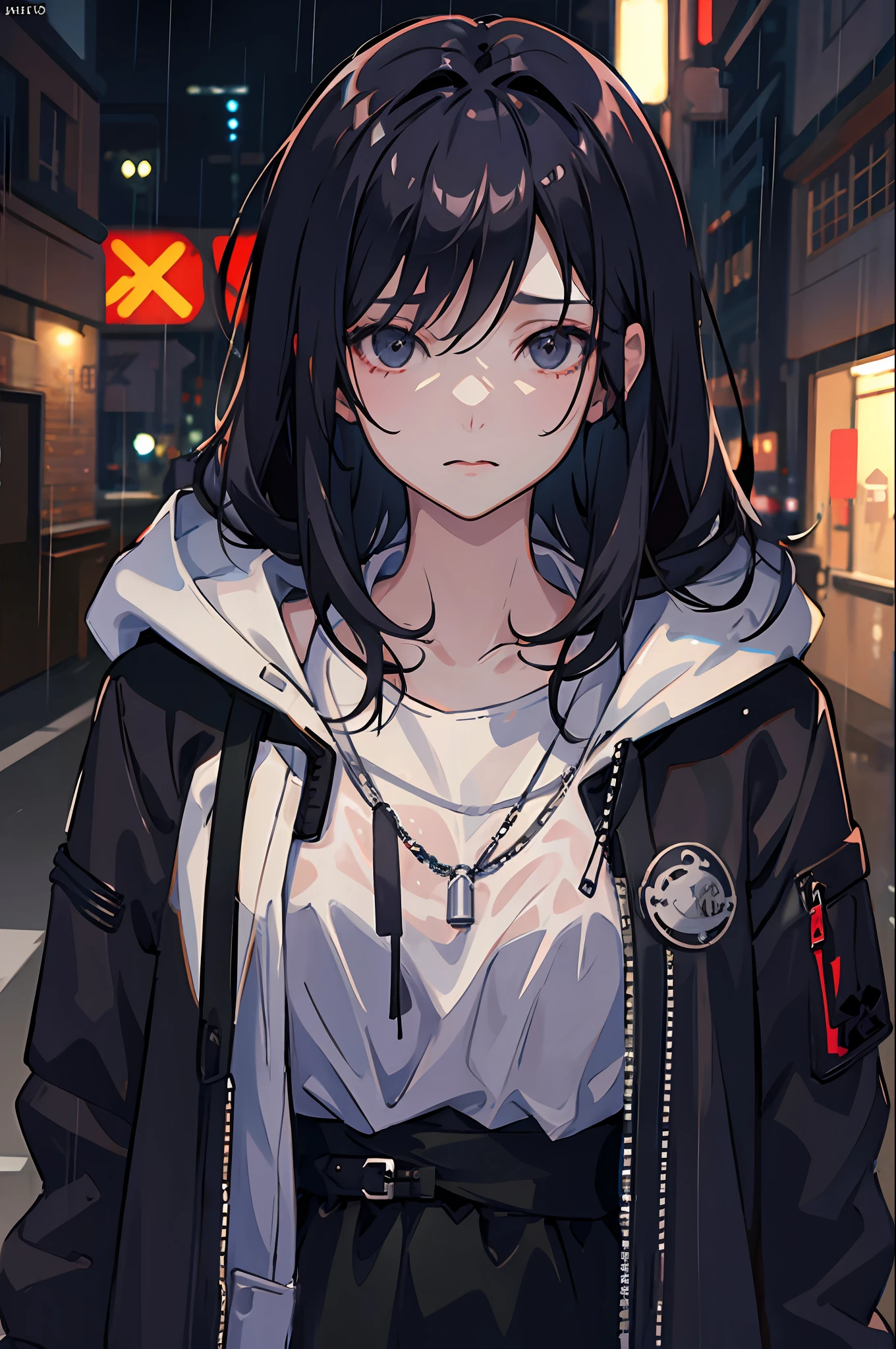 1girl, jacket, rain, outdoor, hoodie, open jacket, chain, backpack, looking at another, messy hair, trending on artstation, 8k resolution, highly detailed, anatomically correct, sharp image, digital painting, concept art, trending on pixiv, style of makoto shinkai,