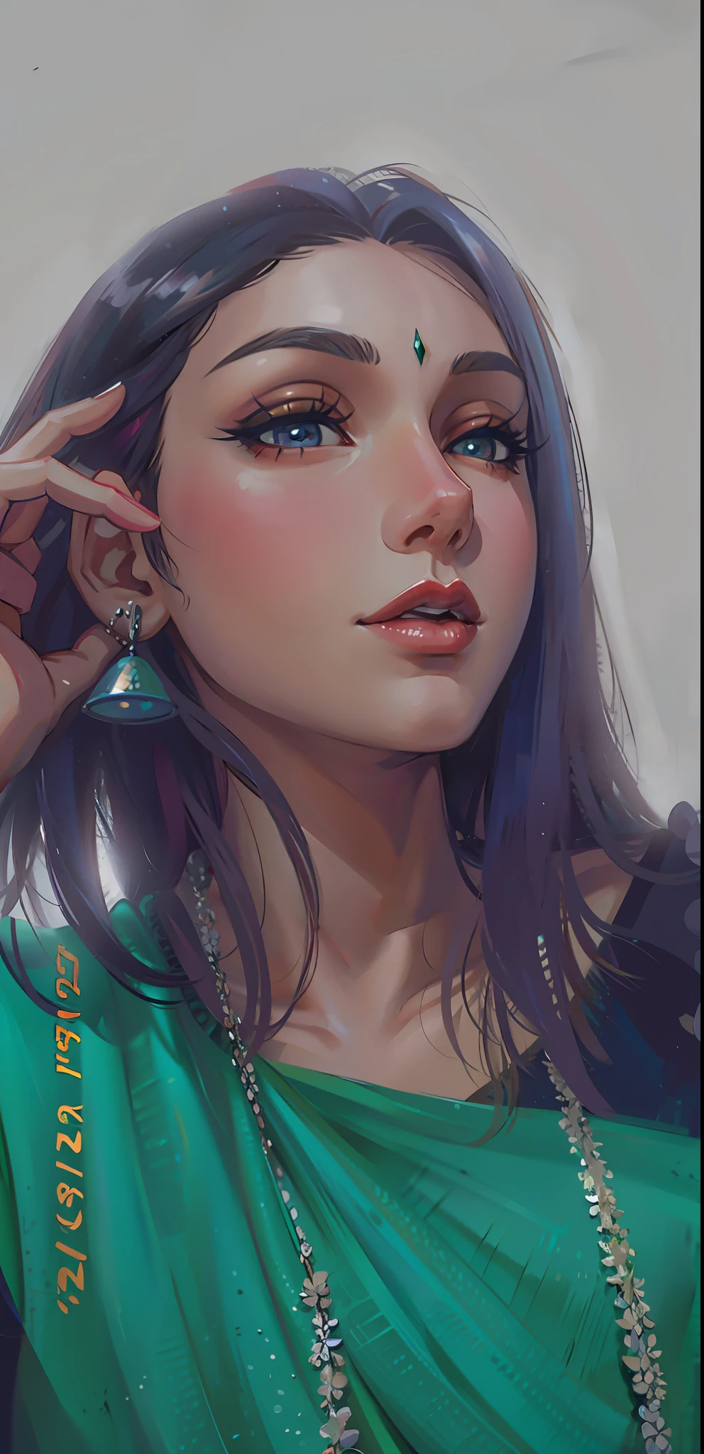 (masterpiece),(best quality:1.0), (ultra highres:1.0), detailed illustration, 8k, anime, 1girl, beautiful anime girl, wearing a green sari, sari, pretty face, detailed face, beautiful eyes, detailed eyes, dark brown eyes, highlights in eyes, bright red lips, closed lips, red lipstick, beautiful stylish hair, highlights in hair, anime style, best quality, vibrant