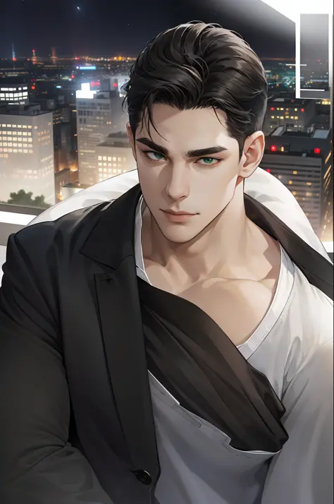 (absurd, hd, super detailed), (1 male, single, adult, mature: 1.4, age: 1.4, tall, handsome), fine eye and face portrayal, extremely short hair, black hair, hair oil, distinct hair, green eyes, (pointed chin: 1.4, thick neck: 1.4, thick eyebrows: 1.4), BRE...