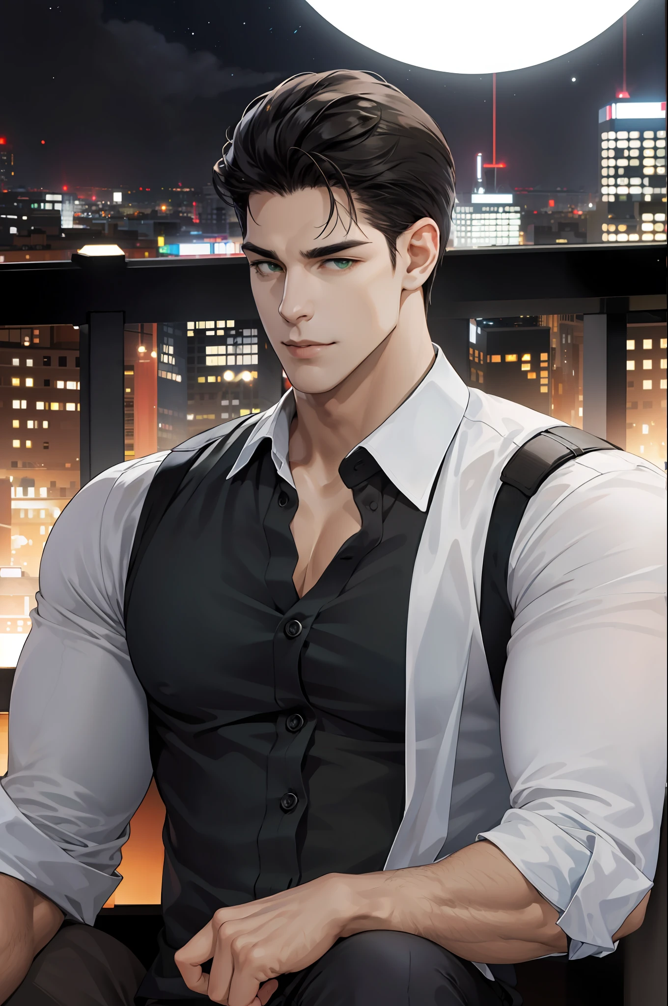 (HD, Ultra Detailed), (1 male, single, adult, mature: 1.4, age: 1.4, handsome), very short hair, black hair, hair oil, green eyes, (pointed chin: 1.4, thick neck: 1.4, thick eyebrows: 1.4), BREAK, night, dark, city night view through large windows, shirt, BREAK, upper body,