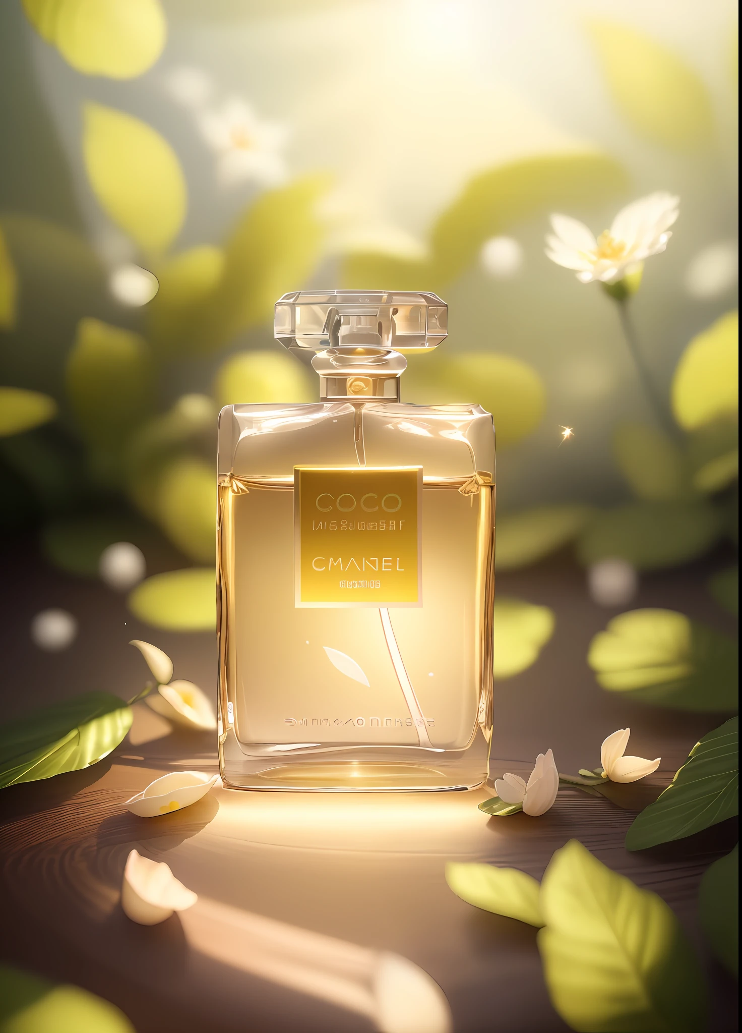 Masterpiece, best quality, (very detailed CG unified 8k wallpaper) (best quality), (best illustration), (best shadow) Nature Valley Delicate foliage Petals of various colors falling in the air Ray tracing, ultra detailed, label white, background solid color, yellow soft light irradiation, perfume bottle is made of glass --v6