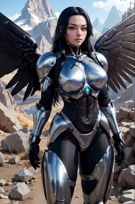 1girl, mech, futuristic armor, chrome, long black hair, perfect face, black, costume, bodybuilder, wings, breasts, bright colors...
