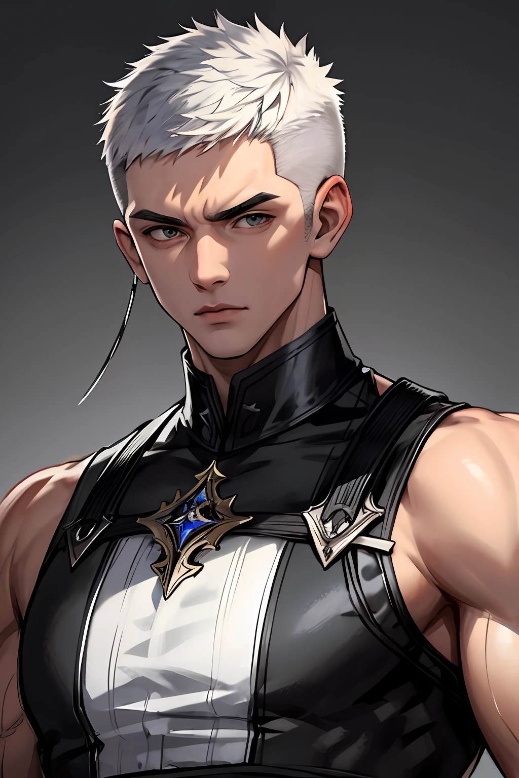 ((POV)), (1man), adult, male, murderer, standing still, ((solo)), (forehead), (buzzcut + topcut), short bangs, hair between eyes, voluminous short hair, silver hair, handsome, serious, silver-eyed, ((sleeveless black blouse)), buttons, wide trapeze, bare shoulder, square chin, square head, random art, ((black cover with broxe)), (muscular), (muscular arm:1.3), dark fantasy, medieval, ((ultra detailed face,  cinematic, ultra detailed, concept art, illustration 4d, 16k))