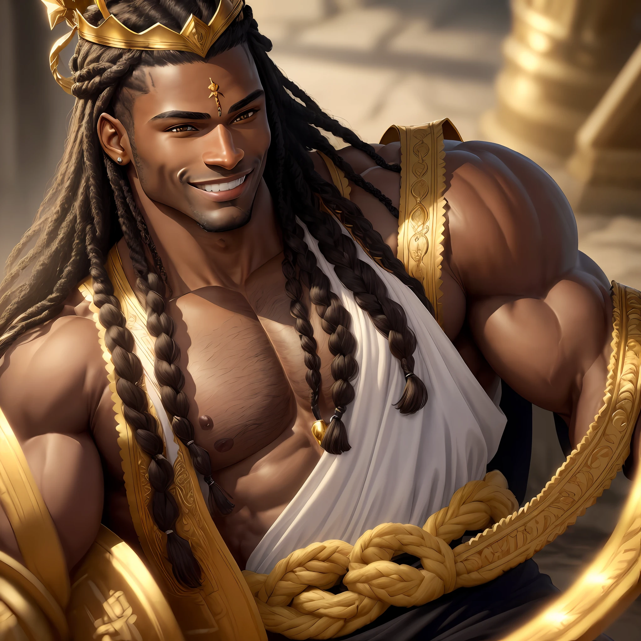 ((masterpiece)),((best quality)),((high detail)),((realistic,)) ((hyperrealistic)) A muscular man with black skin, yellow eyes, with long braided hair, wearing a white chest sash, smiling, with a golden crown, realistic 8k