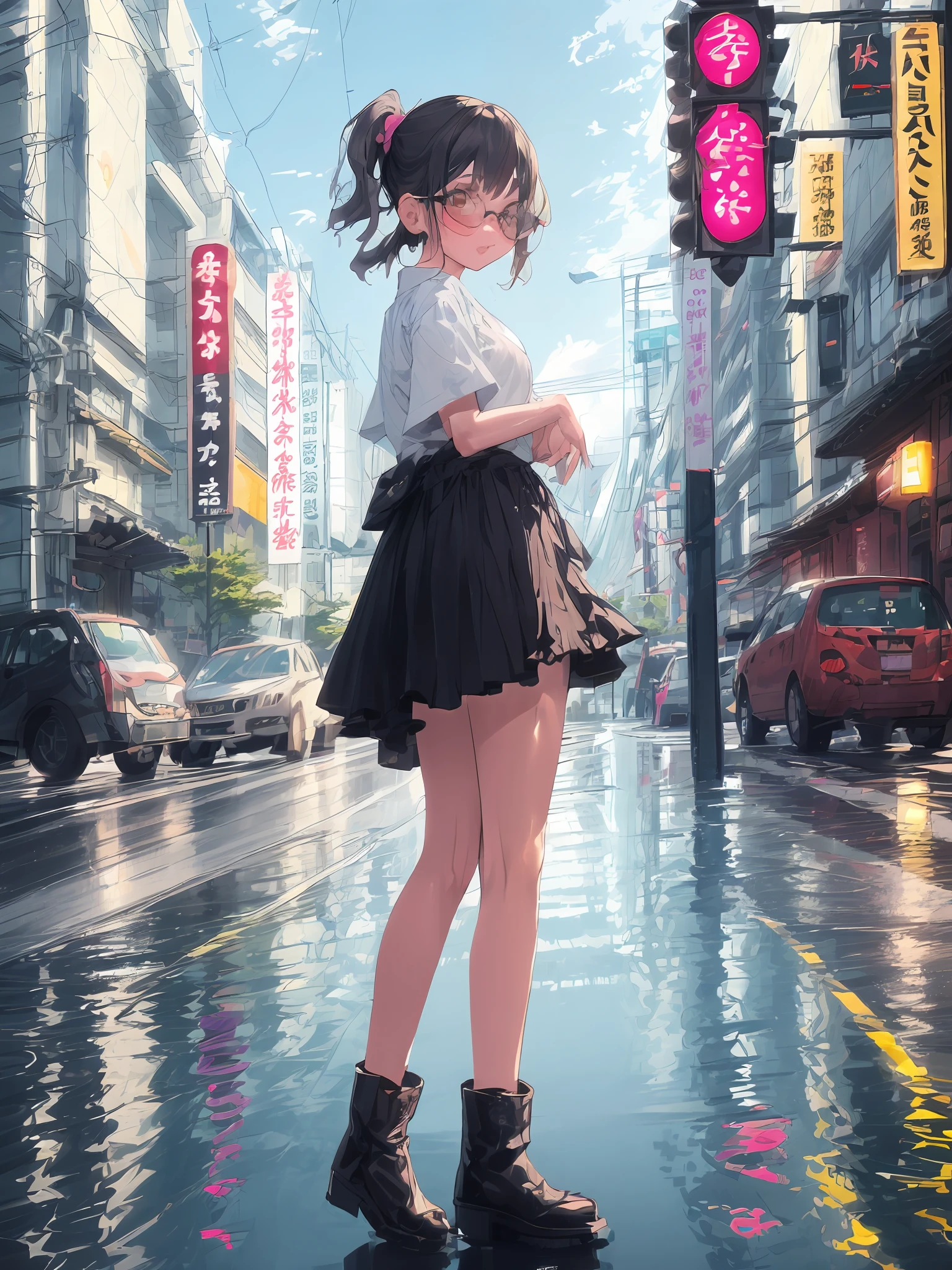 Realistic, intricate details, perfect lighting, pretty face, delicate, female, glasses, characters, neon street, bare legs, black boots, black skirt, wet street, street reflection neon lights, cloudy days, dark clouds, traffic lights flashing yellow lights, intersections, Japanese and Korean painting style, cinematic