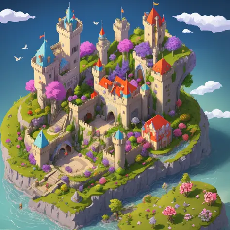 Isometric Castle out of colorful flowers