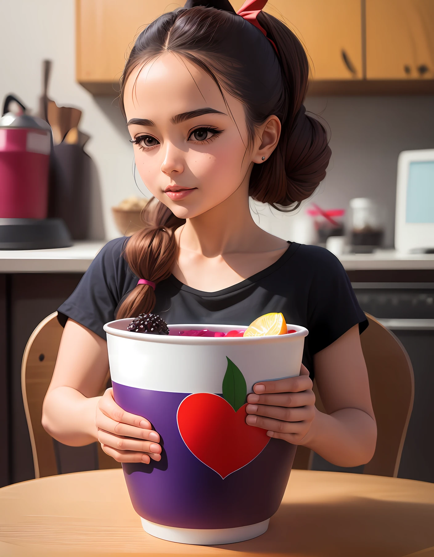 There is a girl holding a cup of fruit and a straw - SeaArt AI