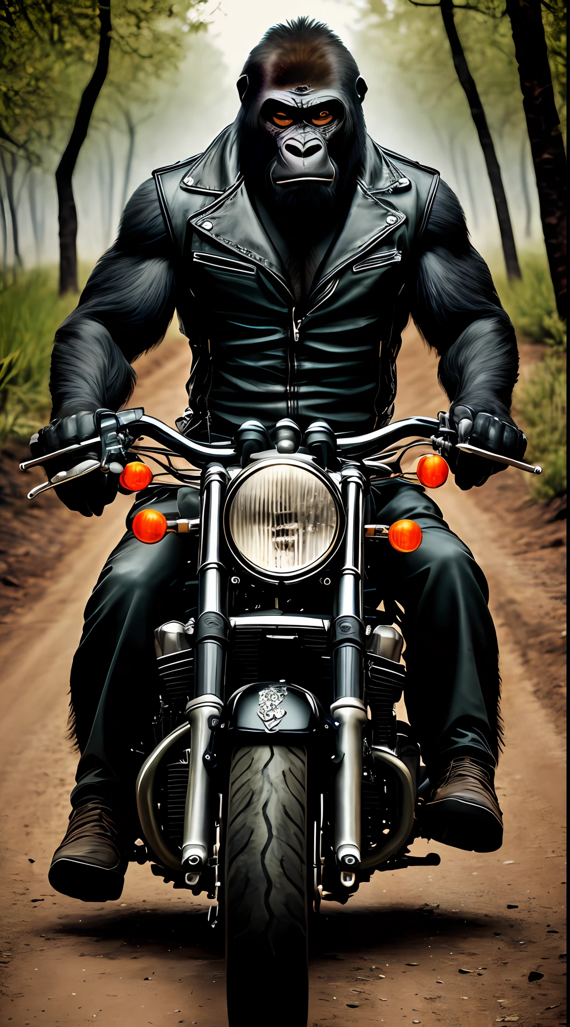 Arafed gorilla riding a motorcycle down a dirt road in the woods ...