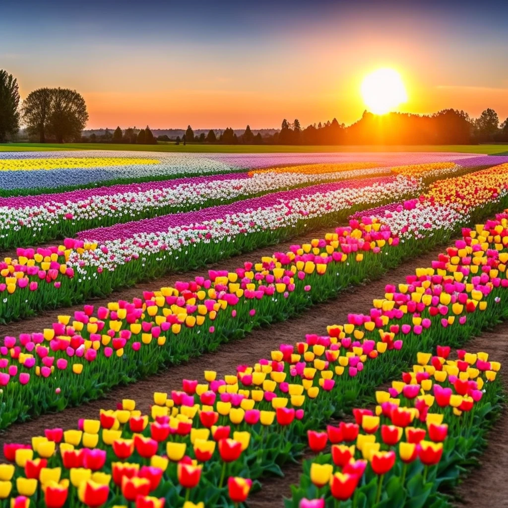 Help me draw a landscape, in the field, tulips all over the ground, flowers in the near is very high-definition, and a big tree next to it, and the sunset is about to set in the evening in the distance, and the picture is very beautiful