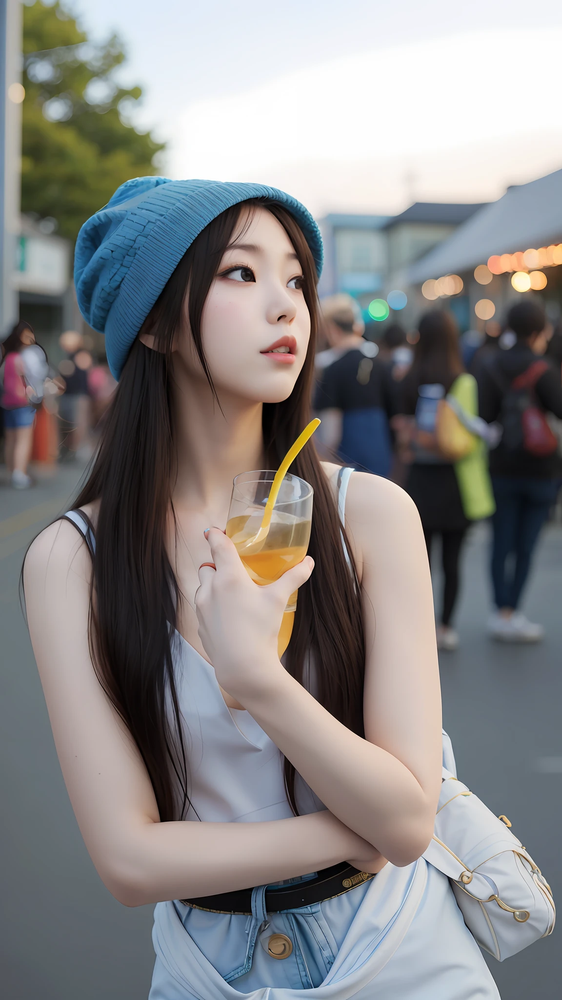 Femme araffe avec un chapeau bleu et un verre à la main - SeaArt AI