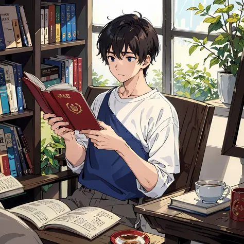 (Masterpiece, the best quality), a boy, reading book