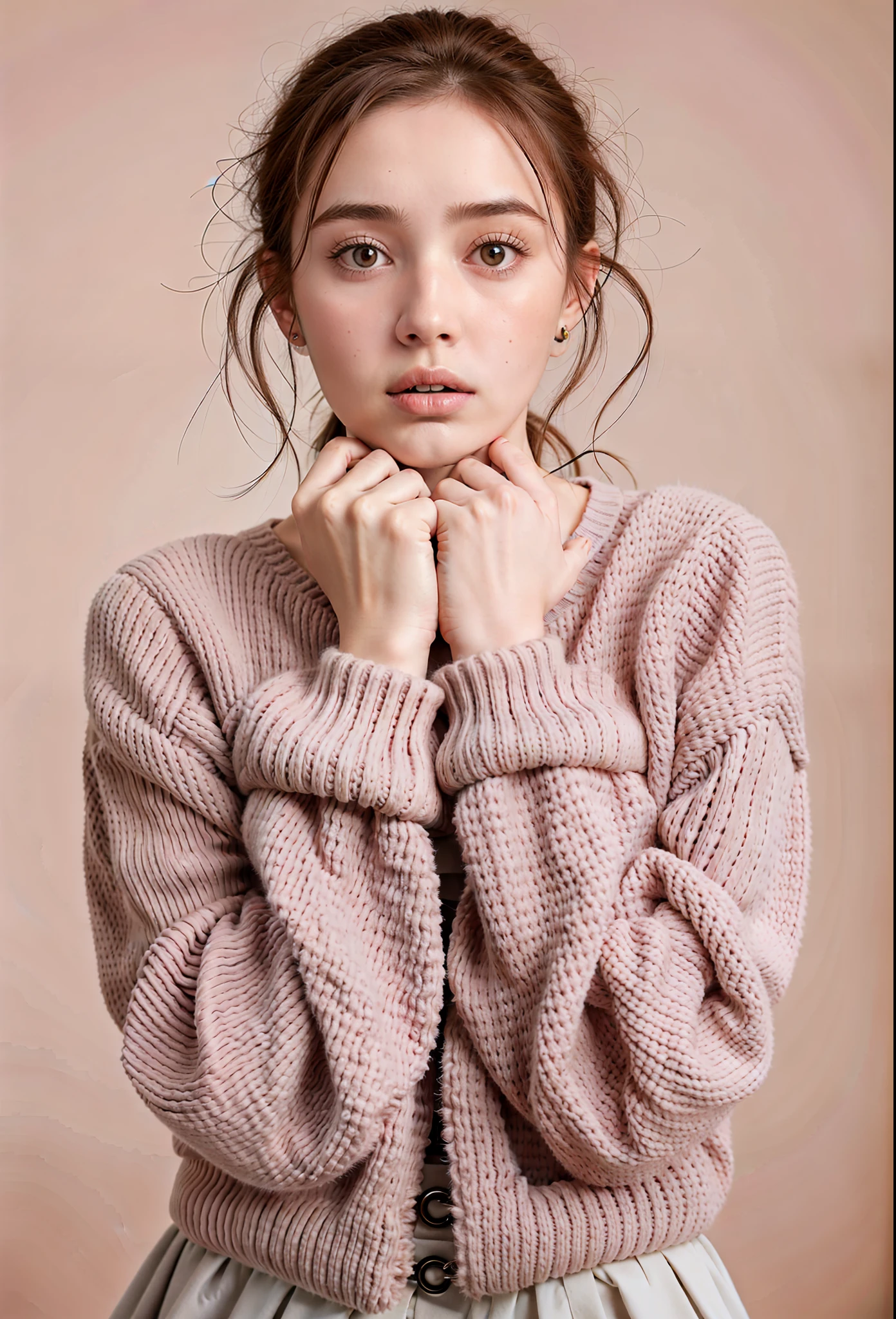 Nahaufnahme einer Frau, die einen rosa Pullover und einen beigen Rock trägt, Ana de Armas portrait, portrait of Ana de Armas, Ana de Armas, Natalia Dyer, imogen poots, imogen poots paladin, Ana de Armas as joan of arc, imogen poots d&d Paladin, rosige Wangen