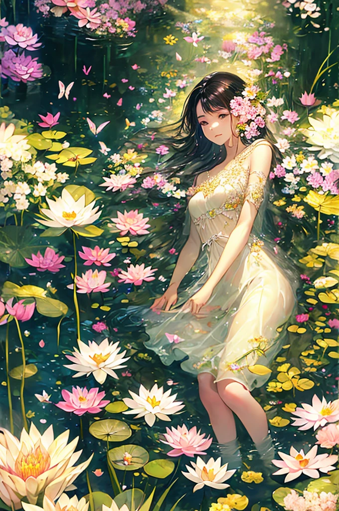 Masterpiece, 1girl,, beautiful and delicate face, age:21, long hair, medium chest, hair flower, water on the skin, shyness, butterfly, meadow, waterfall, lotus, dawn, (very detailed), (realistic), bright colors, bright, deep shadows, dynamic light, colorwater--v6