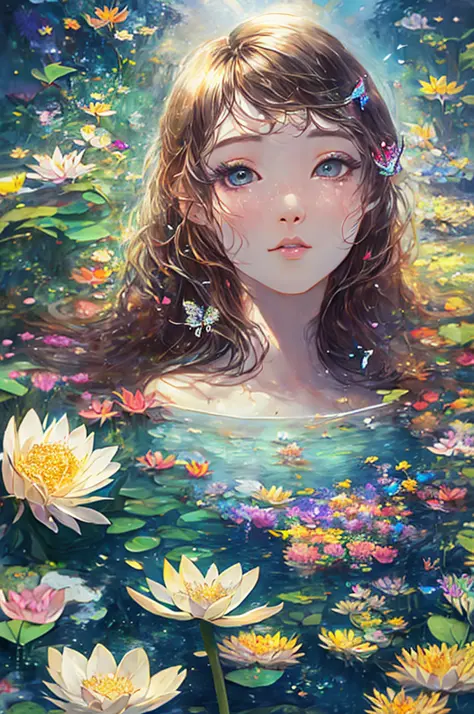 Masterpiece, 1girl,, beautiful and delicate face, age:21, long hair, medium chest, hair flower, water on the skin, shyness, butt...