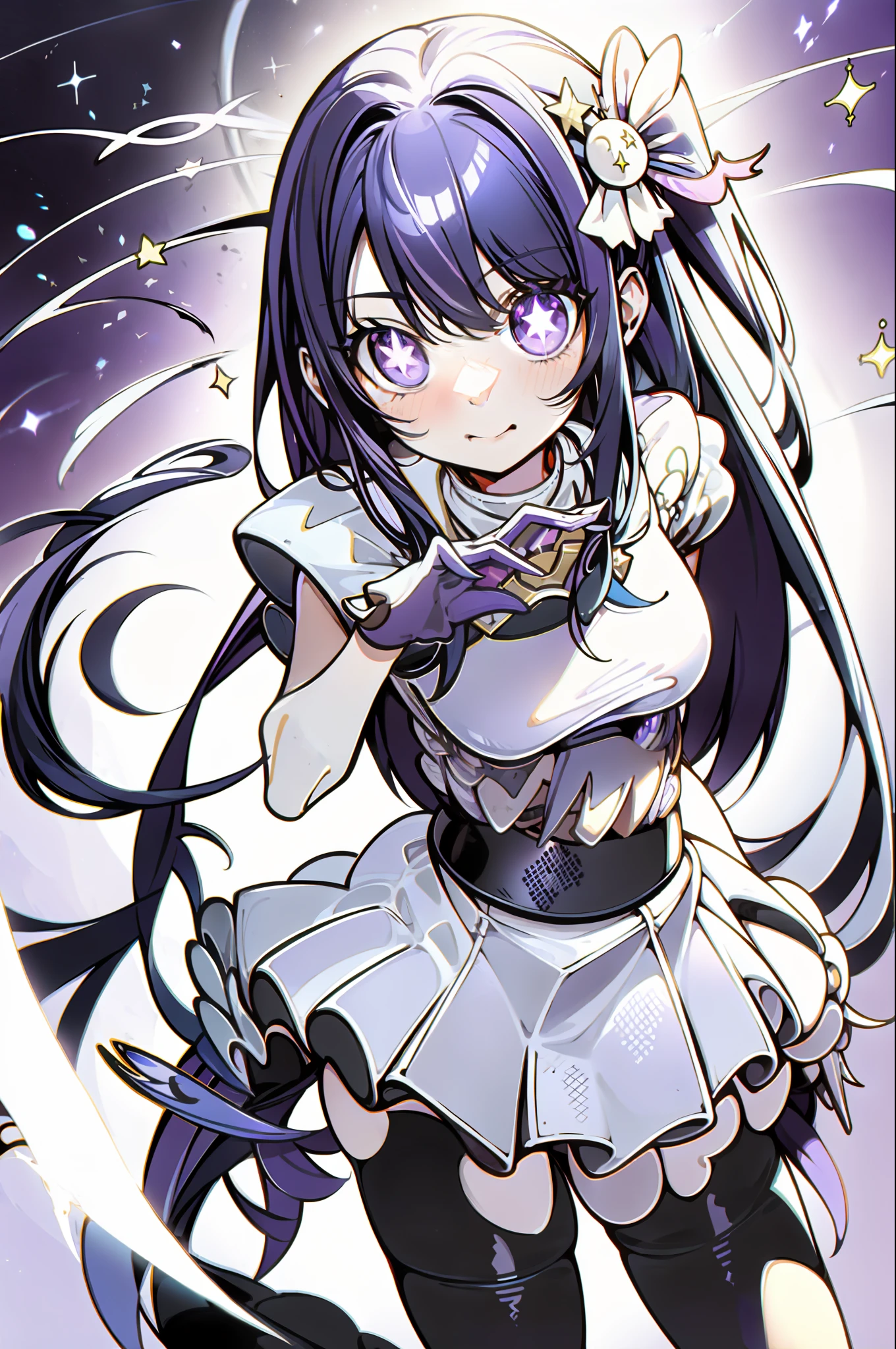 1girl, solo, Hoshino Ai, symbol-shaped pupils, star-shaped pupils, purple eyes, sparkling eyes, star in eye, symbol in eye, purple hair, long hair, angle outfit (masterpiece:1.2), highres, best quality, 8k, very clear, moon background, floating, singing, angel wings, purple sky